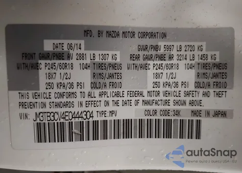 2014 Mazda Cx-9 Touring z USA, uszkodzony, nr VIN JM3TB3CV4E0444304